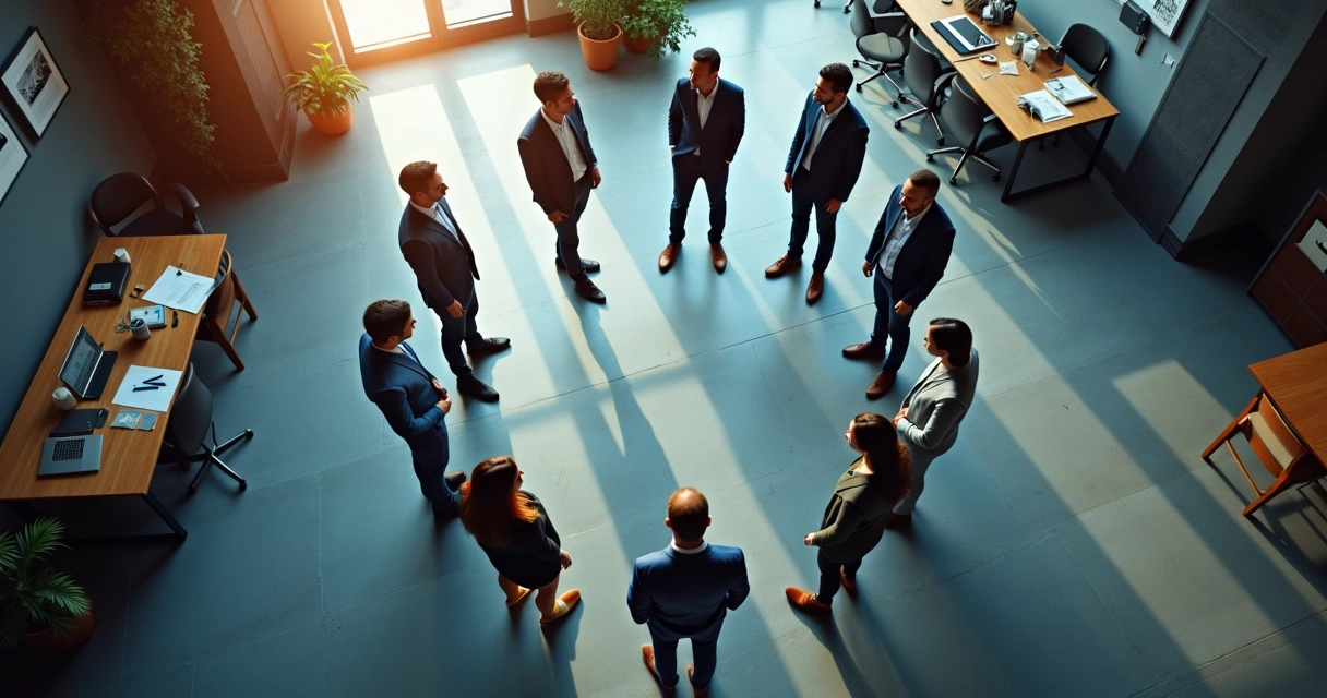 Representação gráfica de pessoas formando um círculo em ambiente corporativo 