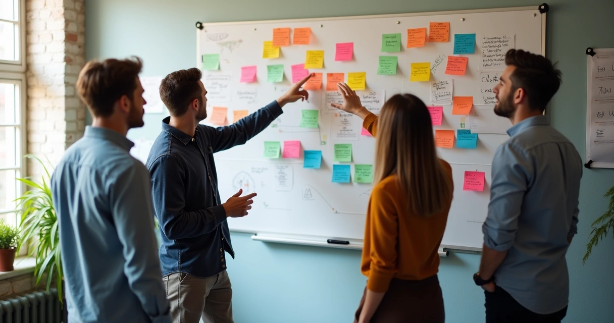Equipe de trabalho analisando juntos dados em painéis de papel colados em uma parede 