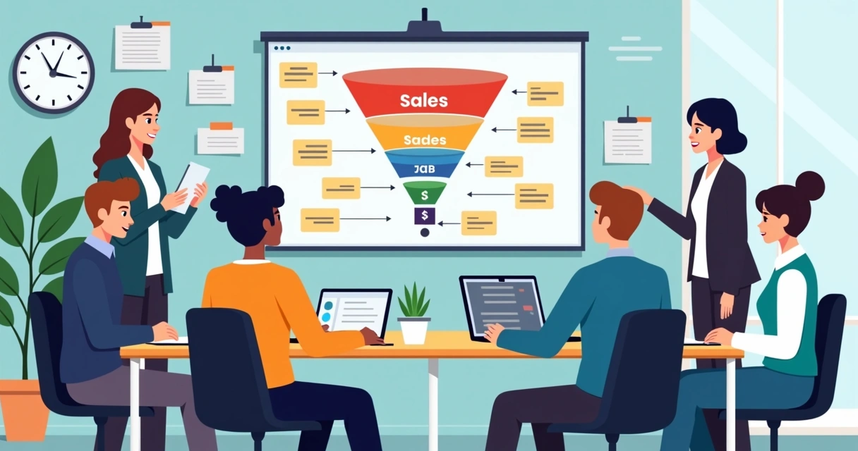 Fluxo de etapas do processo consultivo B2B com equipe reunida 