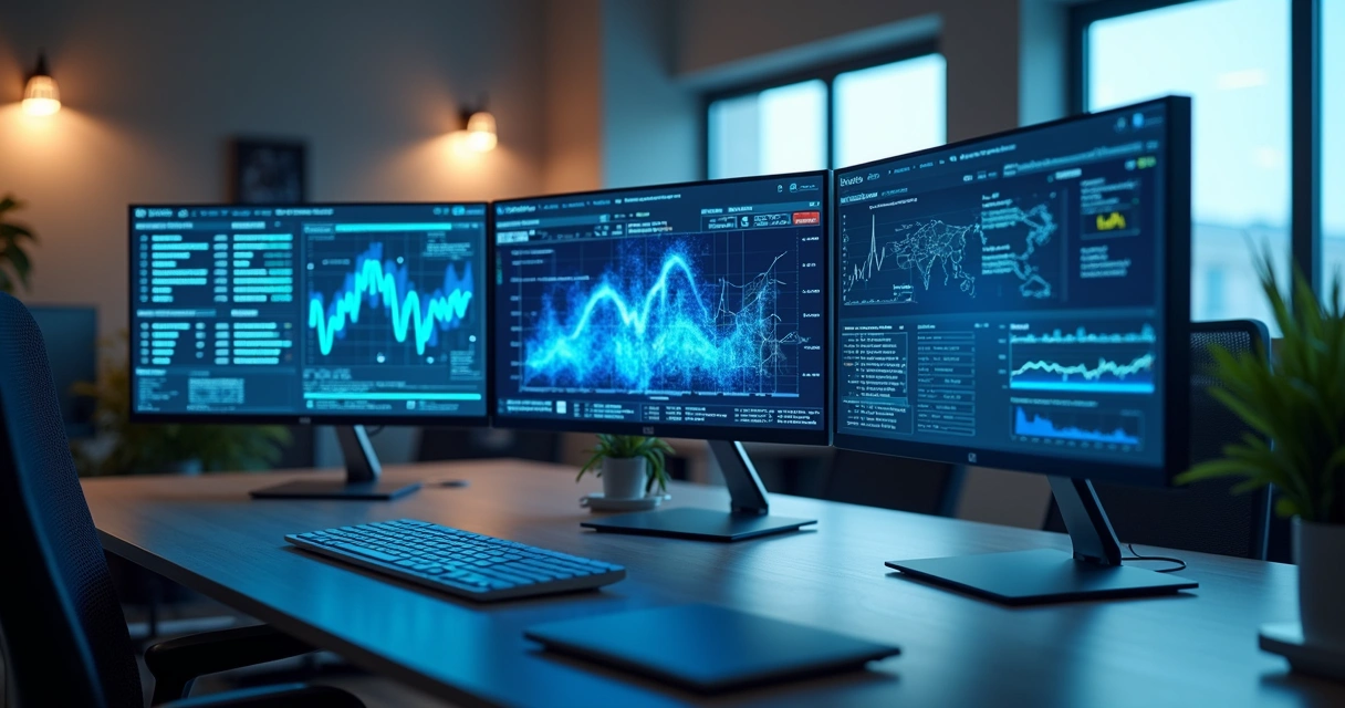 Processo contábil digital com vários dados integrados em telas de computadores 