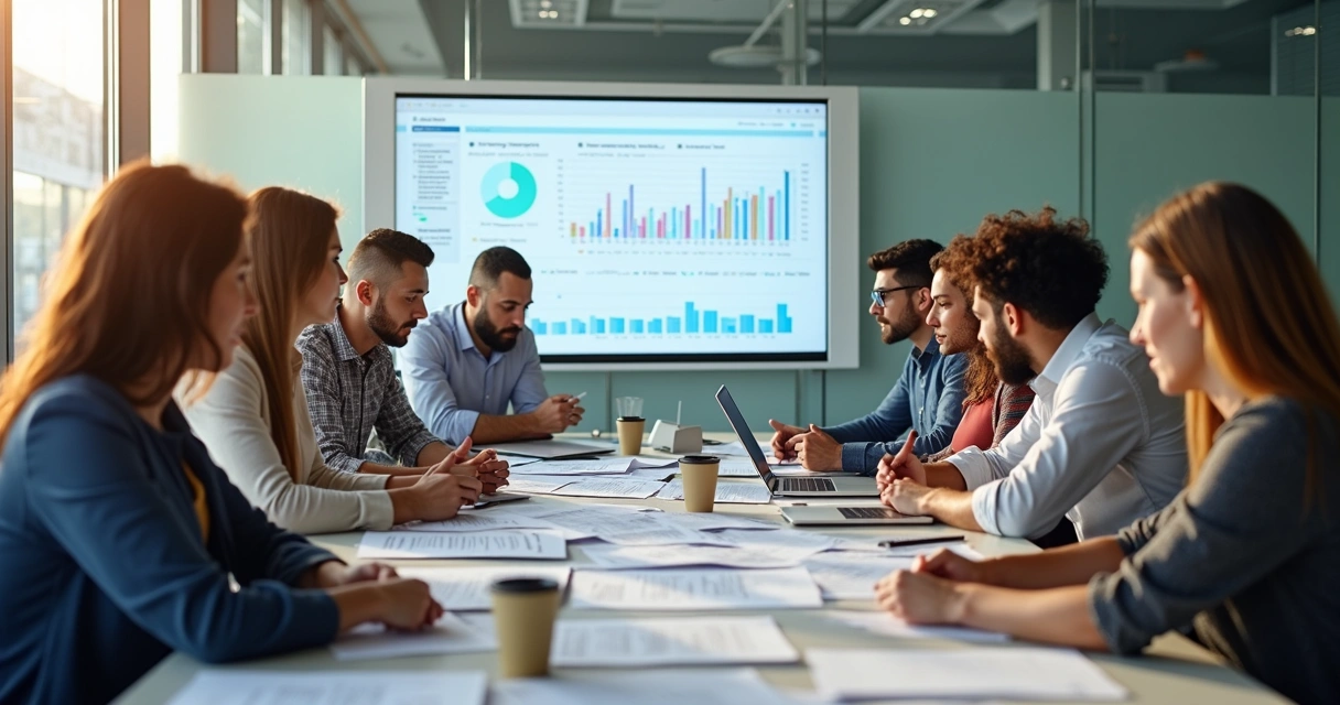 Equipe de TI reunida em uma mesa analisando currículos e planilhas 