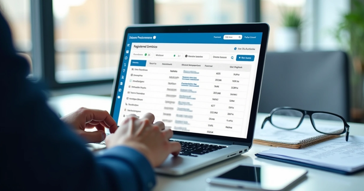 Pessoa usando computador para acessar portal de licitações, com tela exibindo lista de credenciados e filtro de busca avançada 