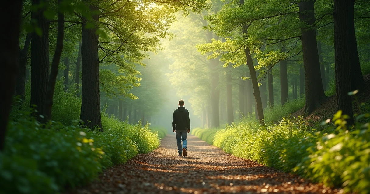 Pessoa caminhando por uma trilha arborizada, simbolizando jornada de crescimento e transformação 