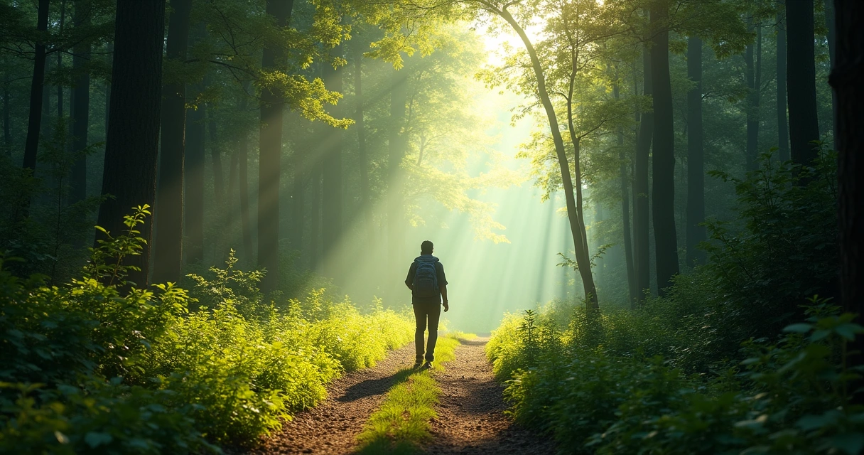 Pessoa caminhando sozinha em trilha de floresta
