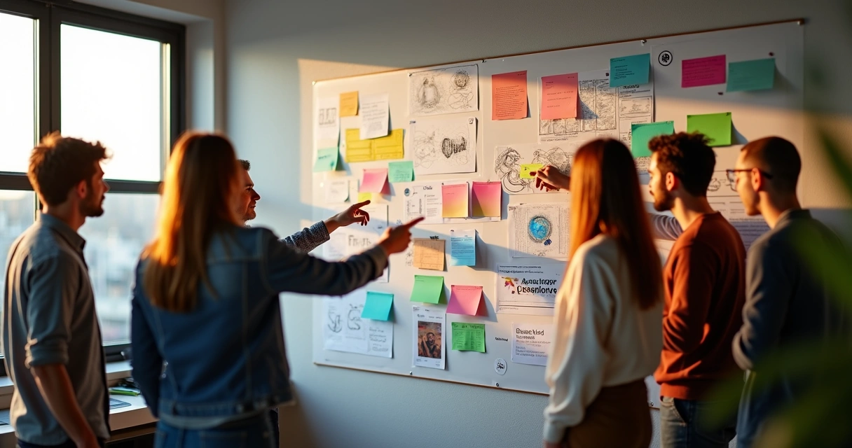 Equipe discutindo briefing e elementos de identidade visual em uma parede de inspirações 