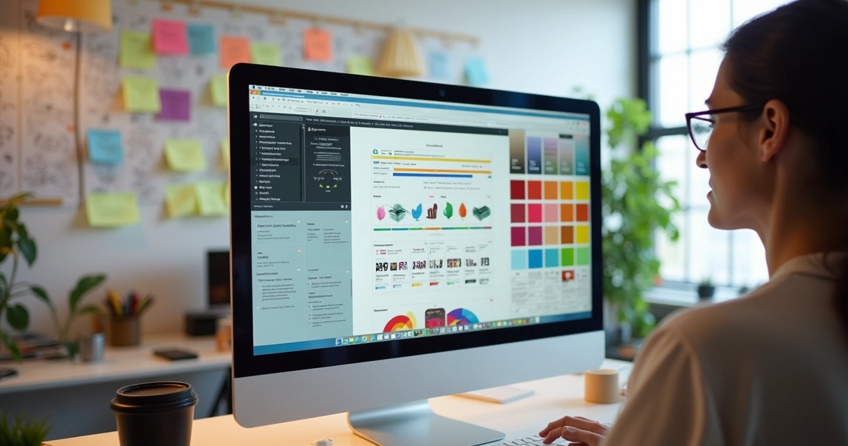 Designer selecionando paletas e elementos gráficos em tela digital 