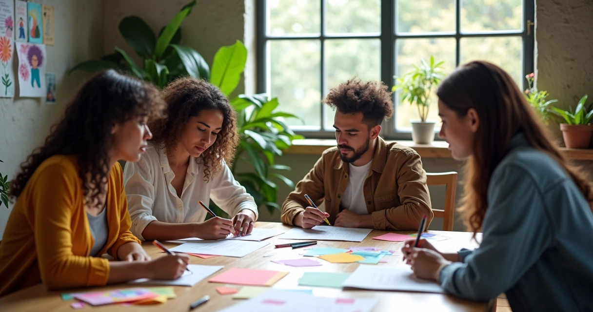 Grupo diversificado em ambiente criativo, desenhando e anotando com atenção plena em mesa repleta de papéis coloridos 