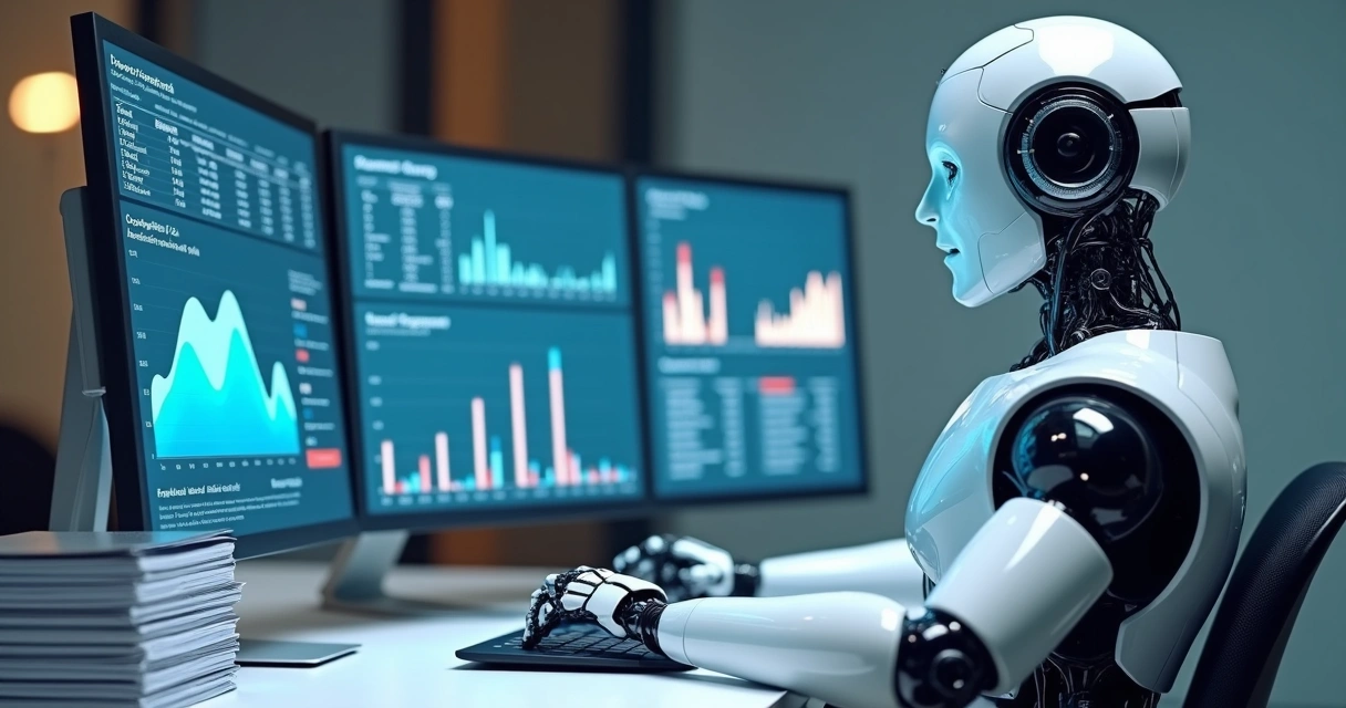 Robot digital conciliando dados financeiros em tela de computador 