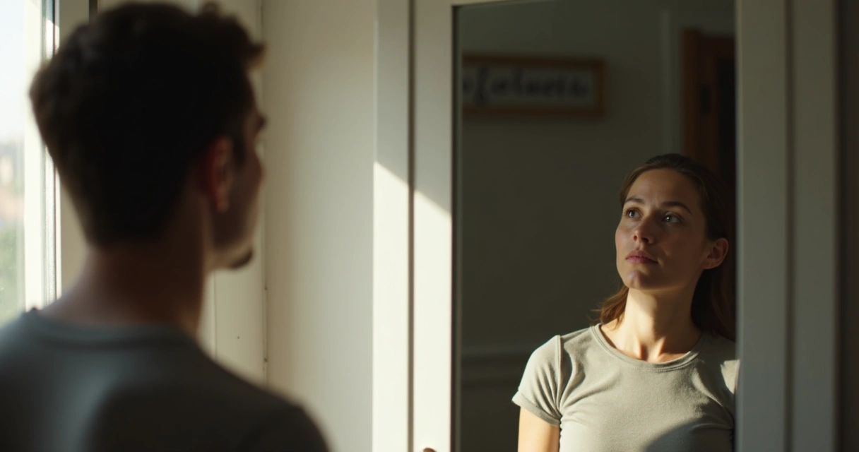 Pessoa olhando para o espelho com expressão reflexiva. 