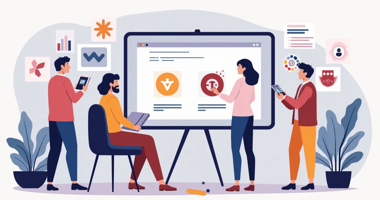 Ilustração corporativa plana mostrando profissionais analisando logos antigos e novos em tela digital 