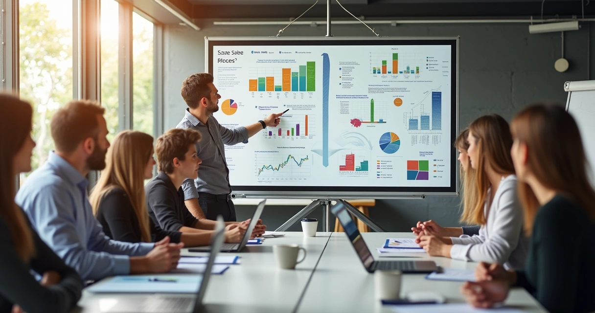 Equipe analisando fluxo comercial, quadros brancos e gráficos 