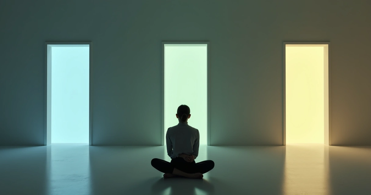 Pessoa sentada diante de três portas em ambiente neutro, aparentando reflexão 