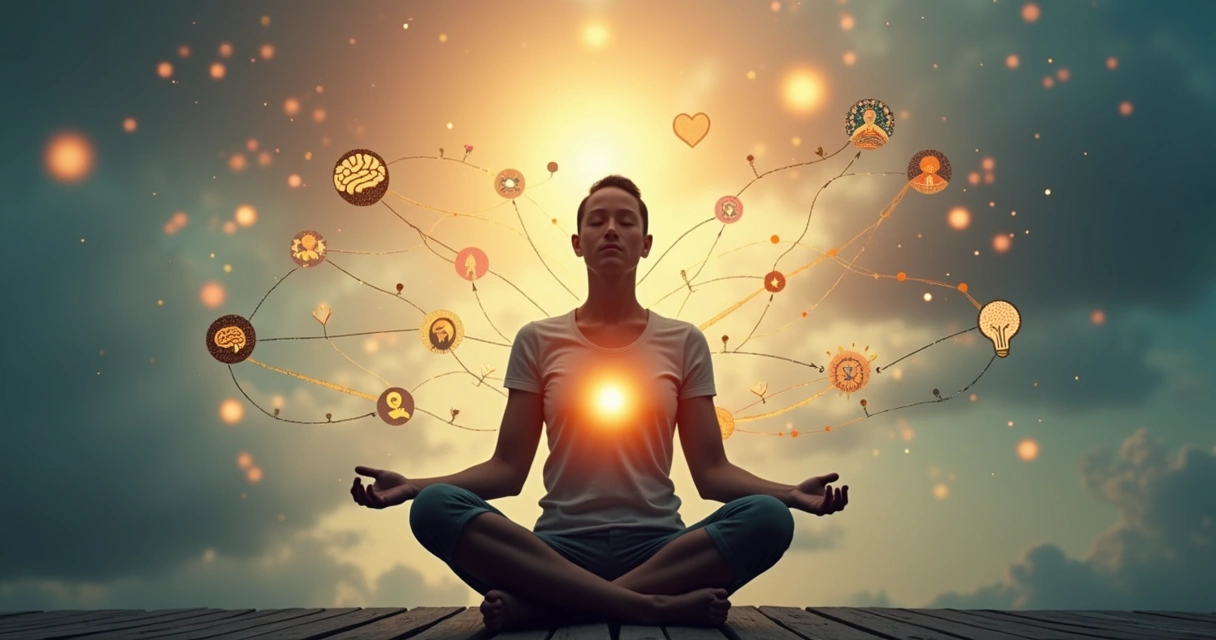 Pessoa sentada em posição de meditação, ao redor de ícones representando escolhas e caminhos diversos