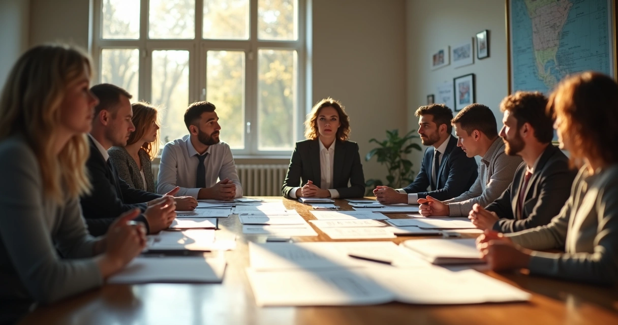 Equipe analisando opções em reunião, expressão de dúvida e cautela 