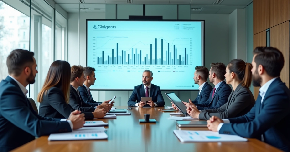 Reunião de contadores analisando gráficos digitais na tela. 