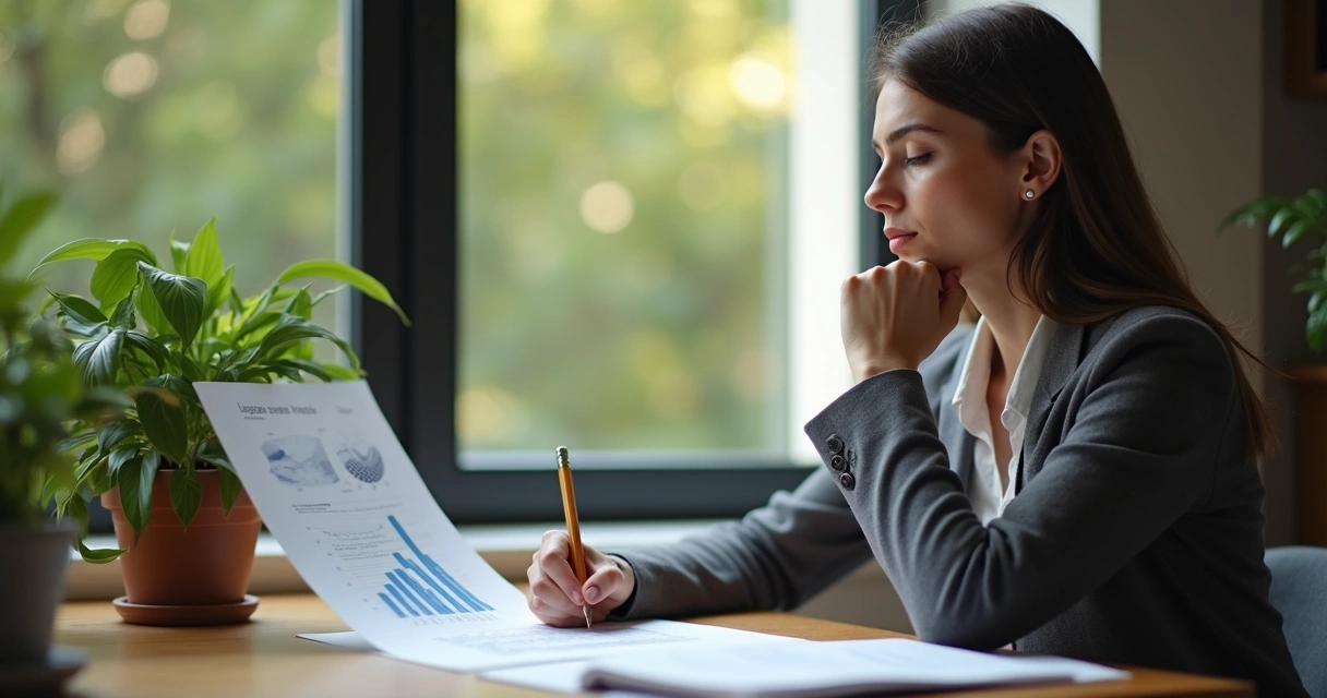 Pessoa sentada à mesa avaliando anotações com gráficos e olhos fechados, em atitude de reflexão 