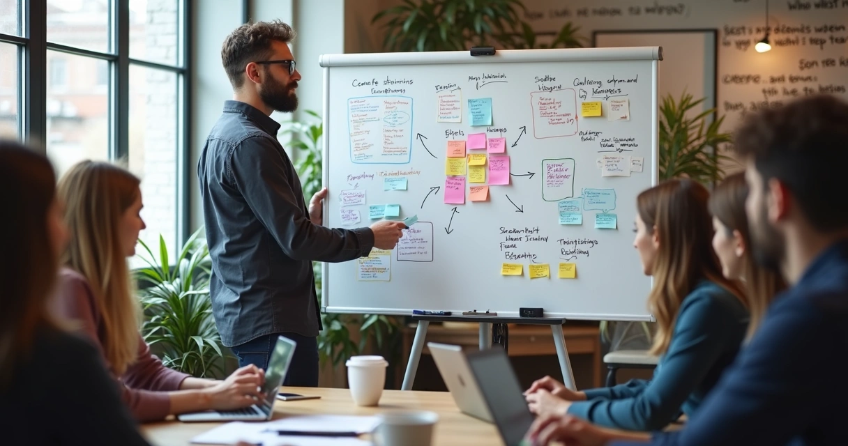 Gestor e equipe criando painel de KPIs em quadro 