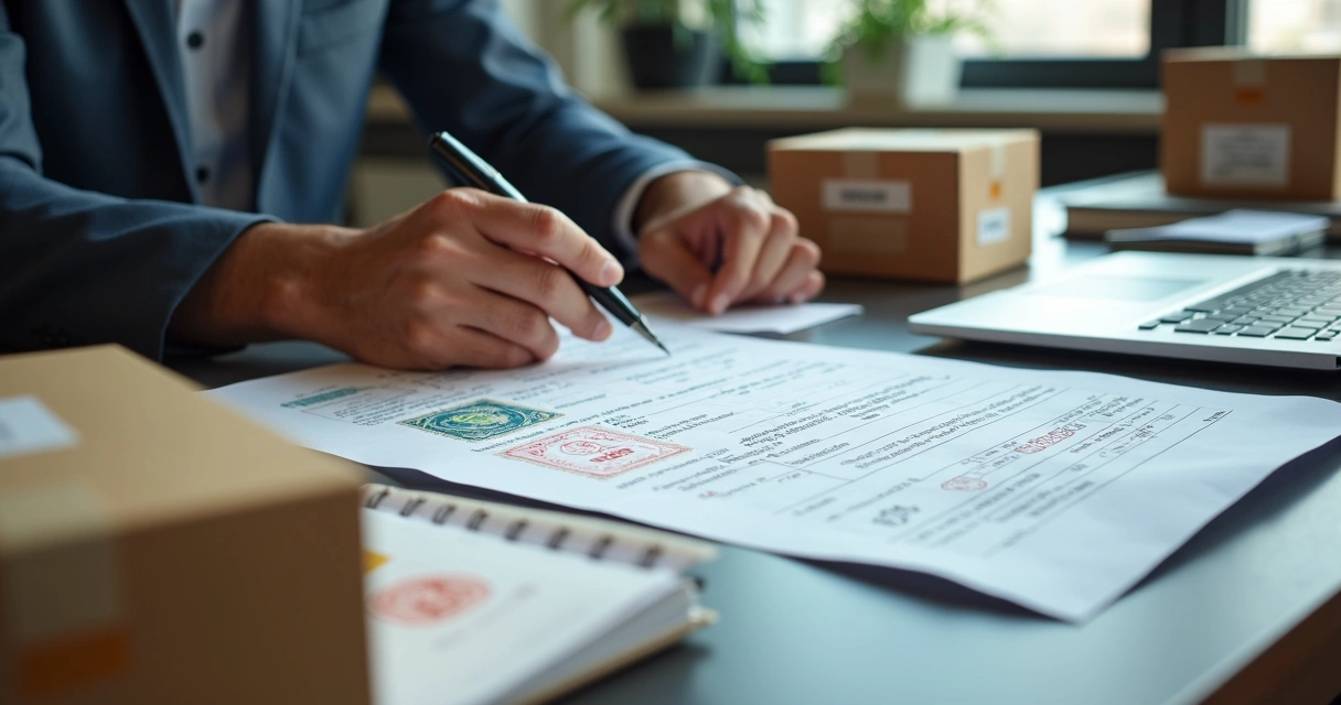 Despachante conferindo documentos de importação em mesa com carimbos e caixas 