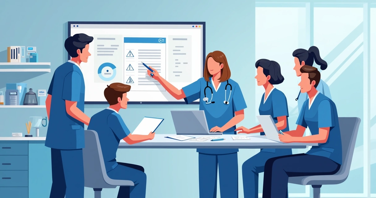 Fluxo de ação para diagnóstico de falta de equipamento em ambiente clínico, mostrando profissionais conversando e analisando relatórios.