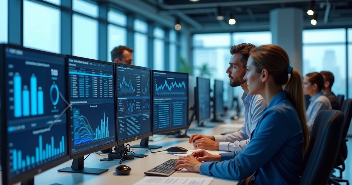 Painel digital de processos contábeis com várias telas exibindo integrações tecnológicas 