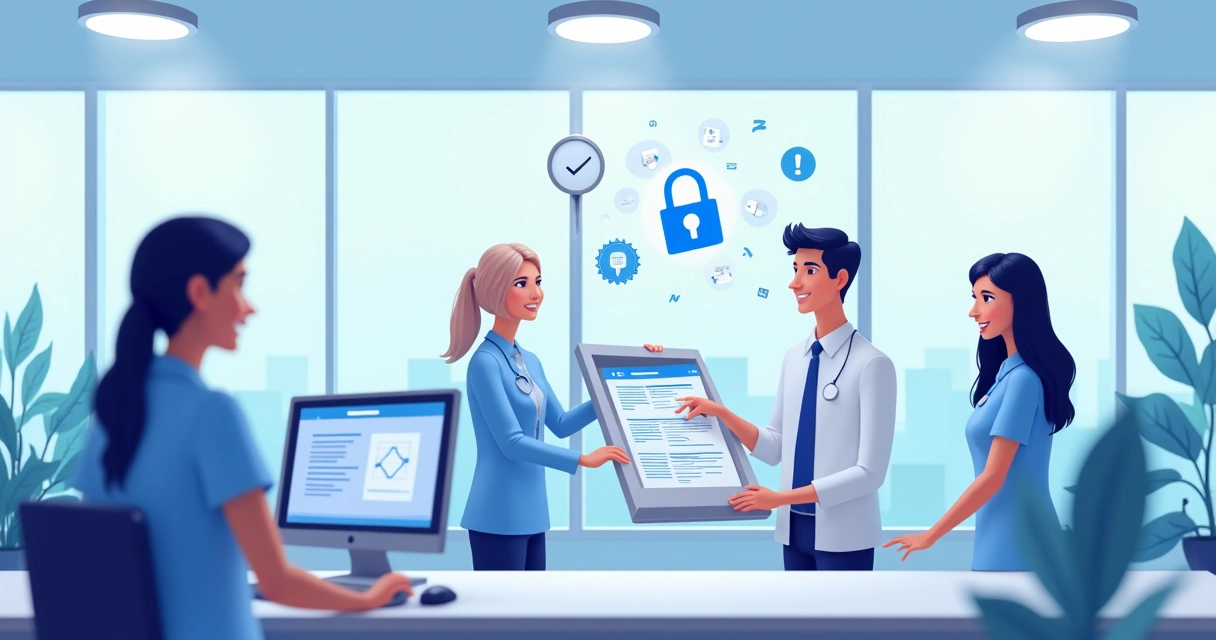 Equipe digitalizando documentos em clínica com tecnologia moderna