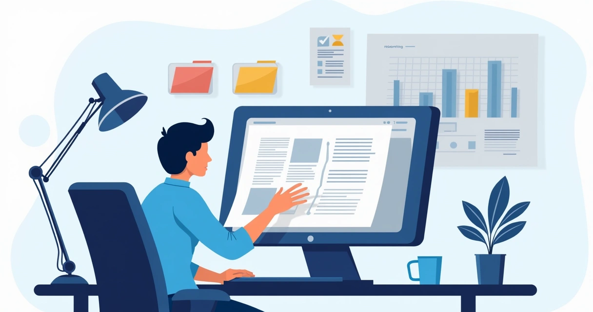 Profissional digitalizando documentos de obra no computador de escritório 