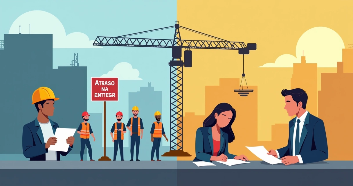 Ilustração do processo de distrato com consumidor, advogado e construtora em cenário de obra.