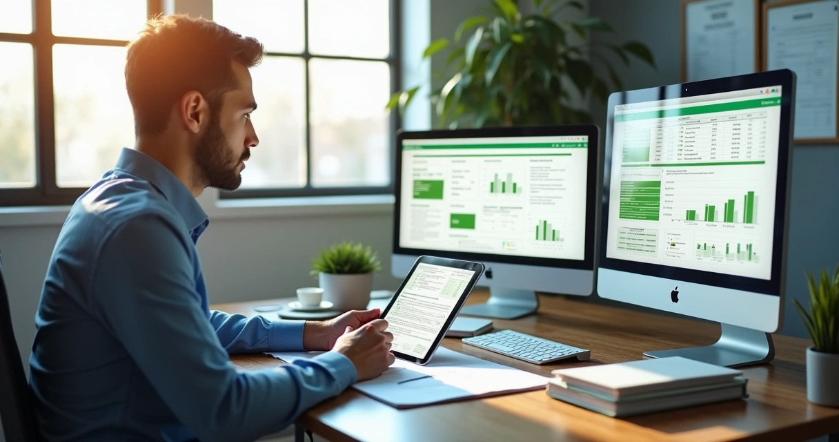 Contador analisando documentos digitais em escritório moderno 