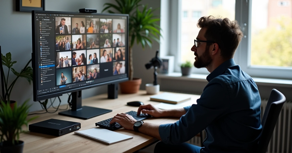 Fotógrafo trabalhando em edição de fotos em computador, área de trabalho organizada com cartões e HD externo 