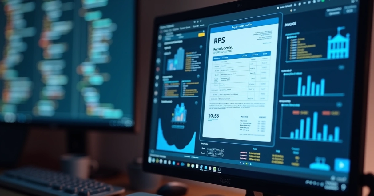 Documento de RPS sendo emitido digitalmente em um computador com gráficos e códigos ao fundo
