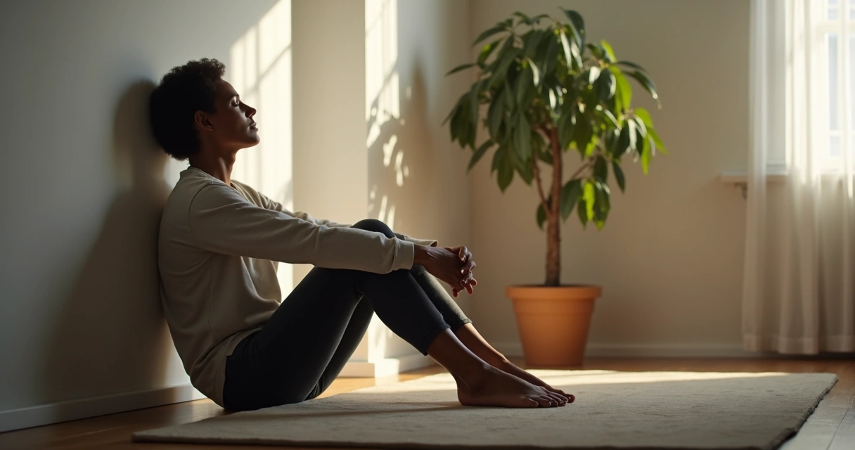Pessoa sentada no chão, apoiada em uma parede, em momento de introspecção e serenidade.