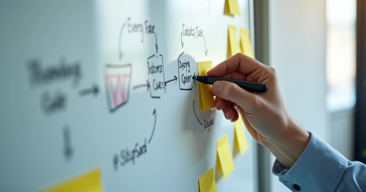 Fluxograma de processo simples sendo desenhado em quadro branco por gestor. 