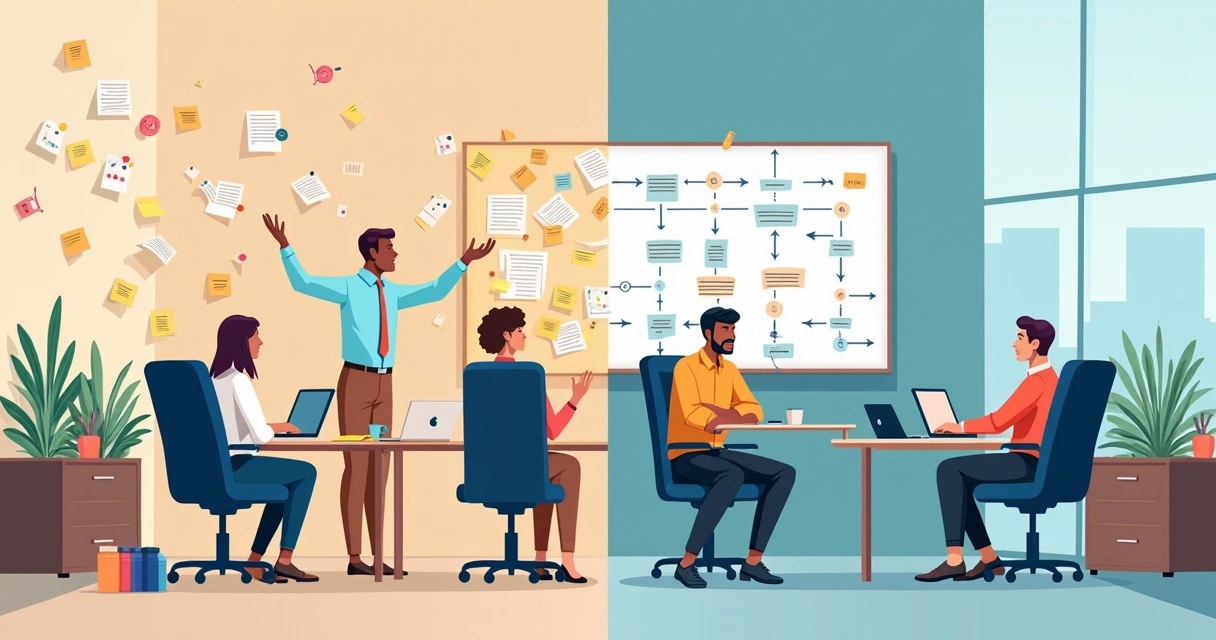 Equipe de PME seguindo fluxo de processo empresarial em tela enquanto o dono observa à distância 