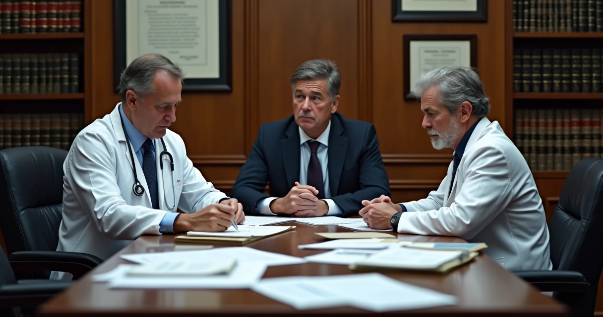 Audiência ética médica com três pessoas sentadas em sala formal, analisando documentos médicos sobre uma mesa. 