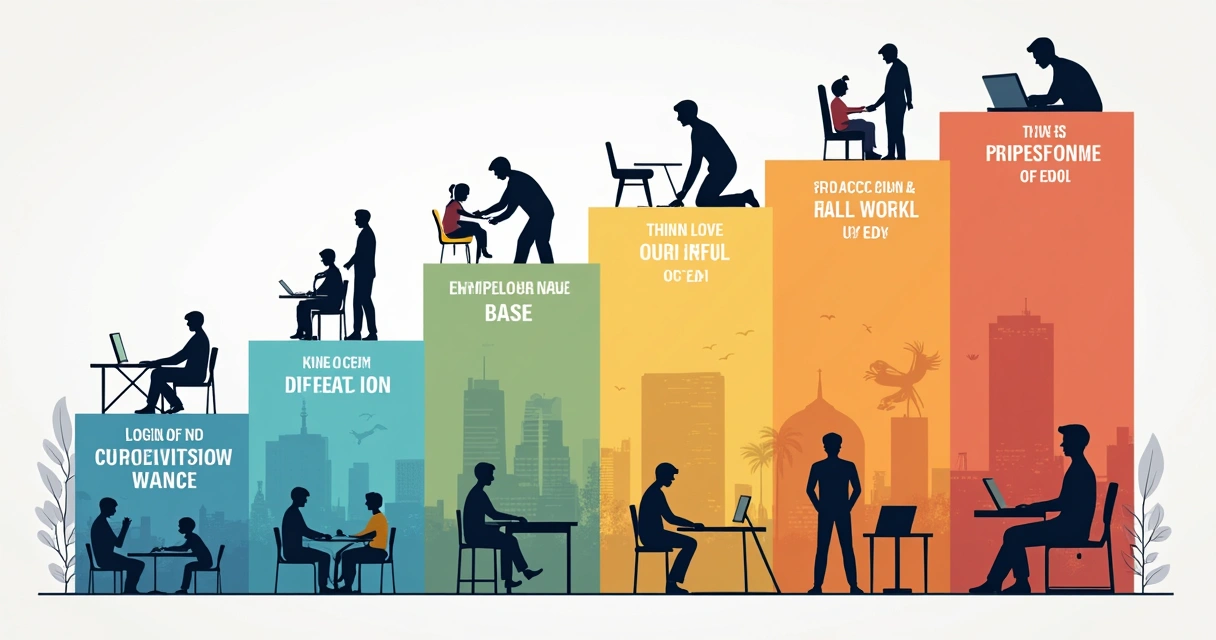 Infográfico visual dos sete níveis evolutivos com pessoas em situações diárias 