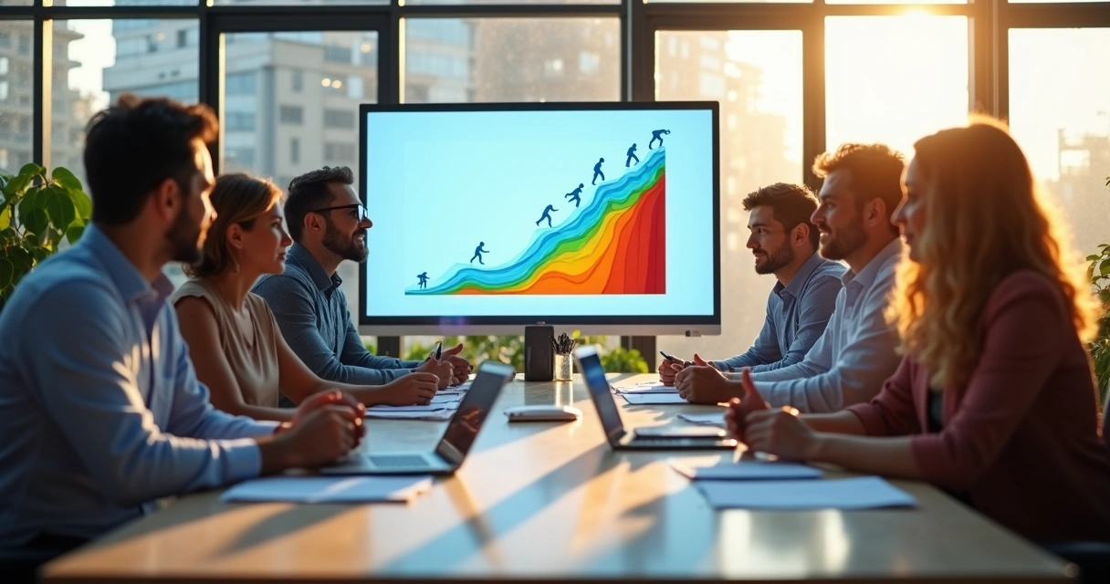 Profissionais reunidos em escritório com gráficos de evolução em tela 