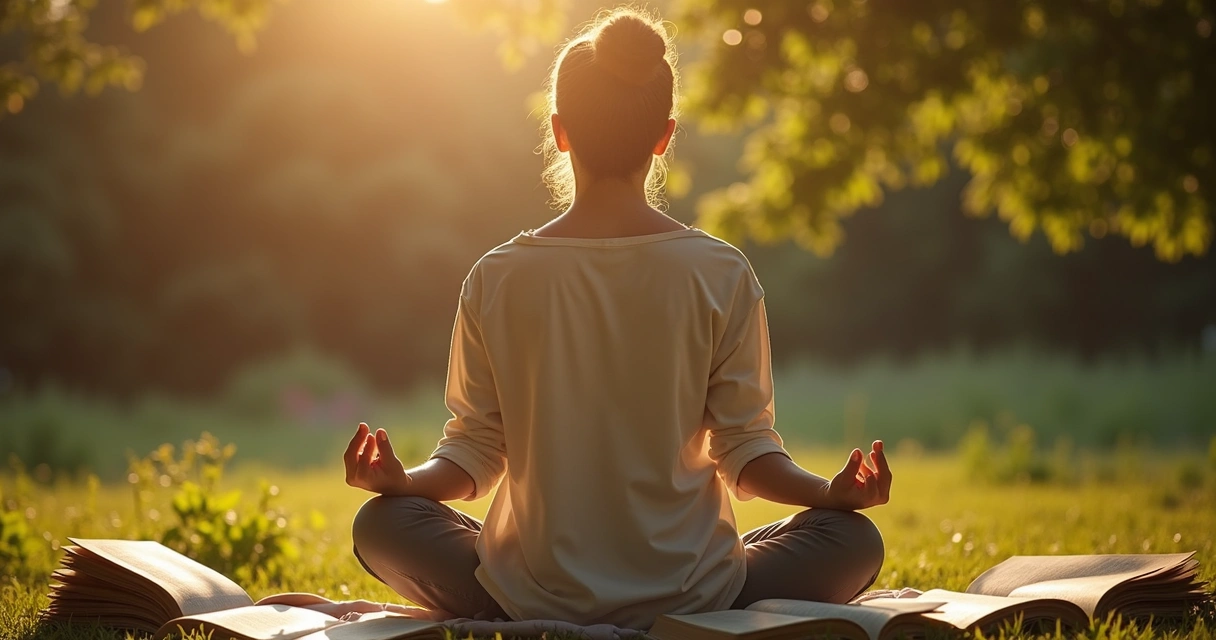 Pessoa sentada em posição de meditação ao ar livre, em meio a livros e anotações 
