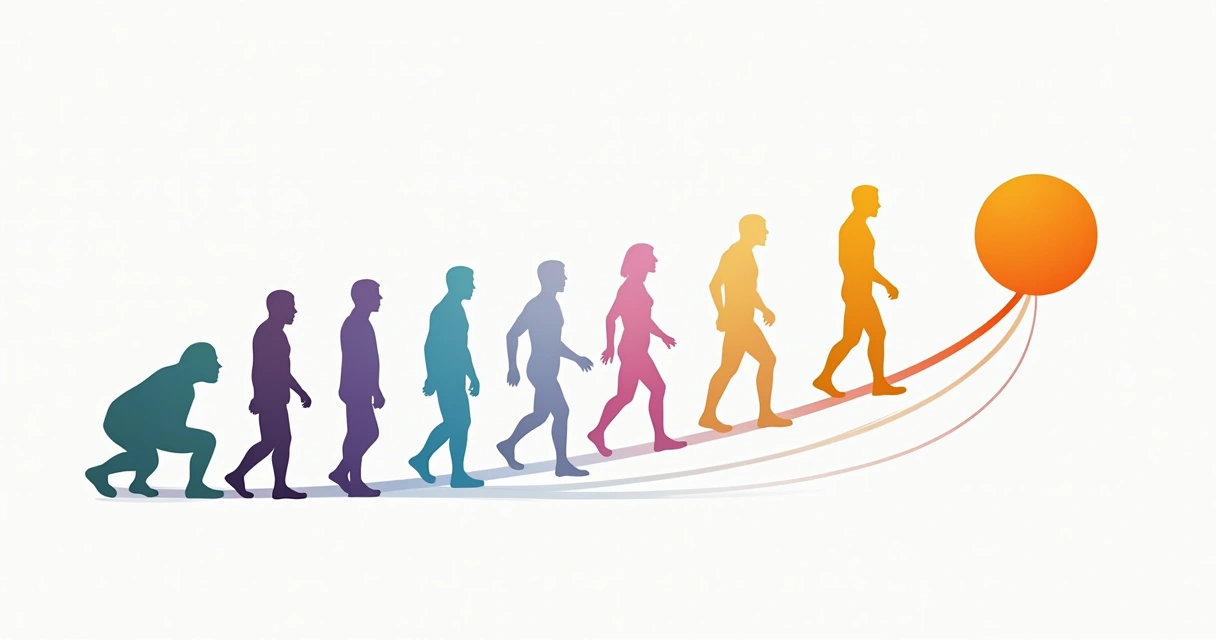 Diagrama ilustrando conexões entre diferentes pessoas com diferentes cores em círculos representando etapas do processo evolutivo humano. 
