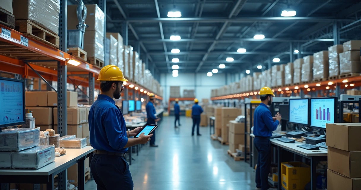 Linha de produção industrial com funcionários utilizando tablets e sistemas de gestão digital centralizados na tela 