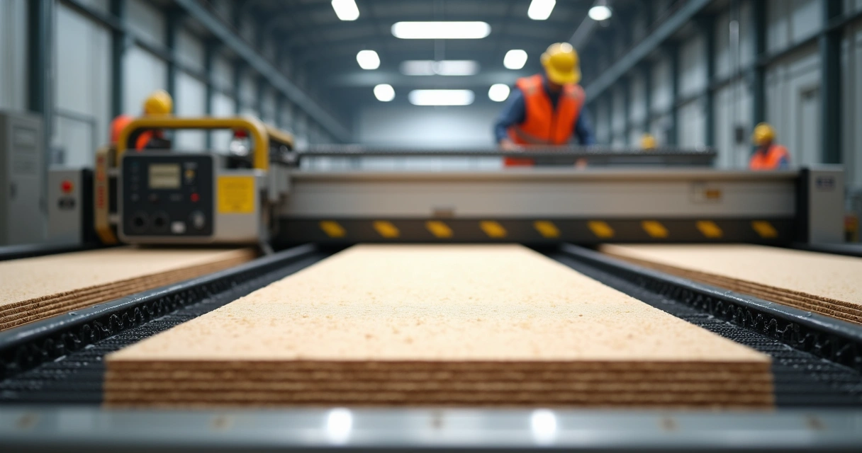 Processo de fabricação do MDF com fibras de madeira e máquinas industriais em fábrica 