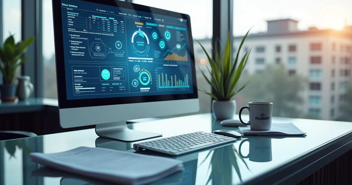 Processo de automação fiscal com notas e gráficos digitais na tela 