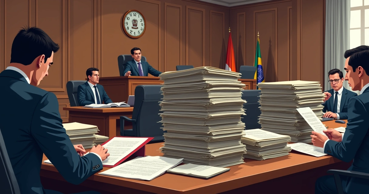 Ilustração de tribunal com processos fiscais e advogados analisando documentos de execução fiscal