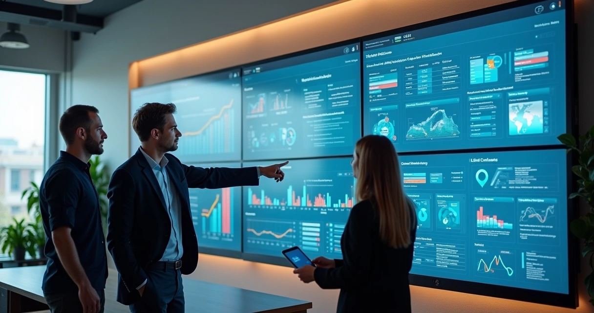 Equipe analisando processo de fiscalização digital com gráficos e computadores