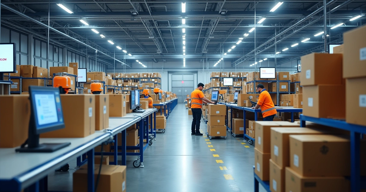 Fluxo de processos de fulfillment com prateleiras, caixas e equipe organizando pedidos 