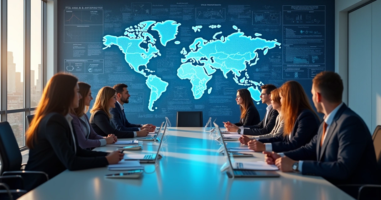 Sala de reunião ampla exibindo um mural com organogramas de empresas sendo integrados 