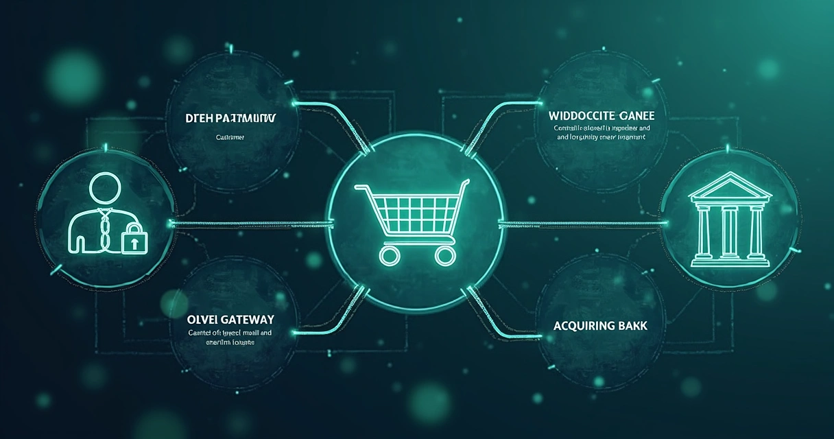 Esquema de integração de gateway de pagamento mostrando etapas entre cliente, loja, gateway e bancos. 