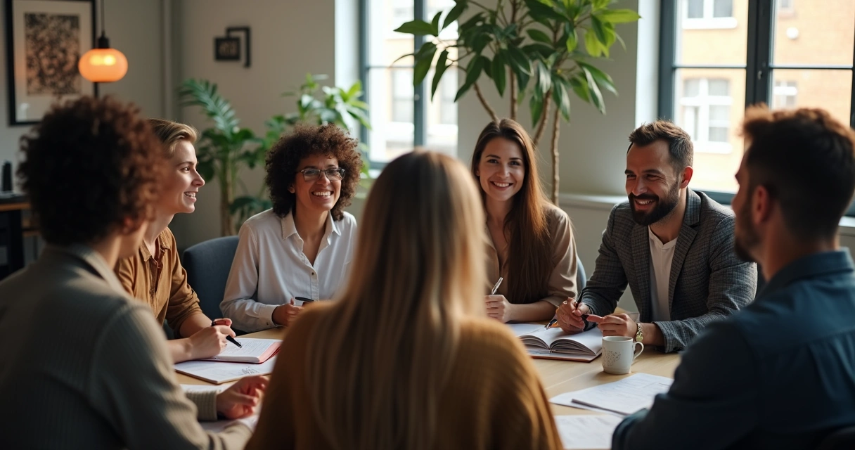 Equipe em reunião em formato de círculo, pessoas conversando de modo intenso e acolhedor 
