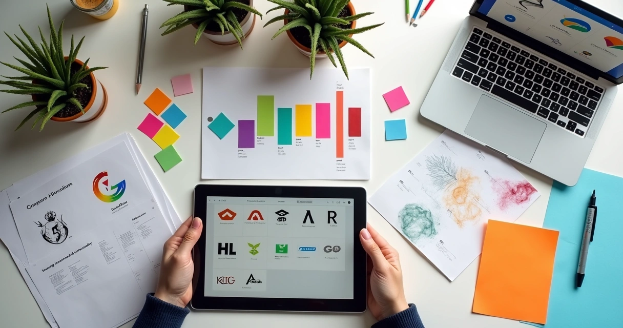 Processo de criação de identidade visual com papéis, notebook, esboços e paleta de cores 