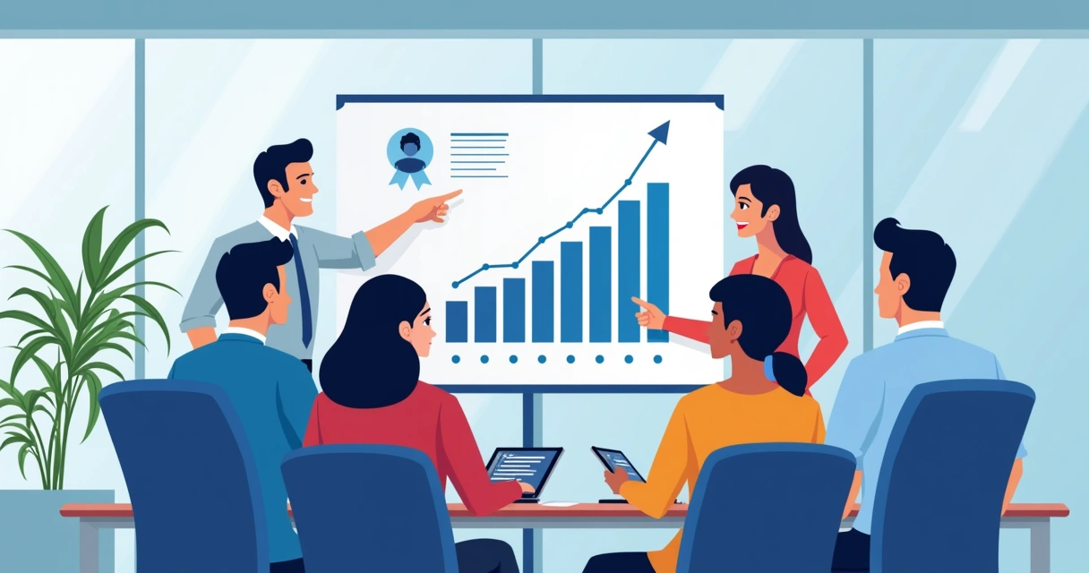Equipe de vendas reunida discutindo estratégia de indicação, quadro com metas ao fundo 