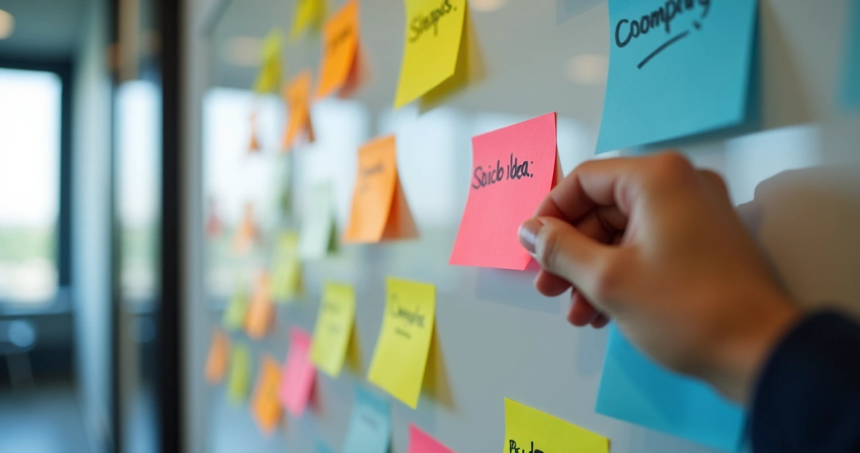 Quadro de processos com post-its coloridos em PME 